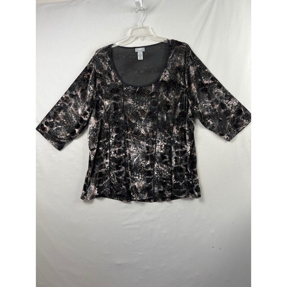 Catherines Blouse Women 3X Black Silver Excellent Burnout Floral Paisley Tunic